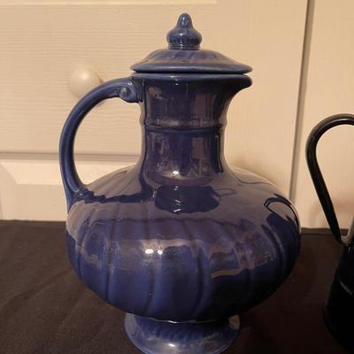 USA made vintage pottery pitcher with lid & blue pitcher