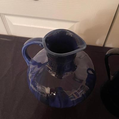 USA made vintage pottery pitcher with lid & blue pitcher