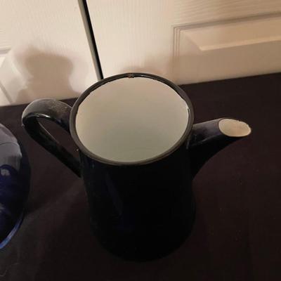 USA made vintage pottery pitcher with lid & blue pitcher