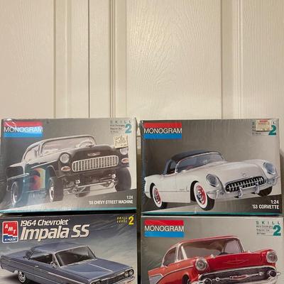 (4) monogram car models, 1 Revell, 1 AMT 