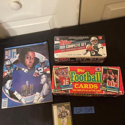 Tuff Stuff Jr. 1991 magazine, Courtney Brown Rookie card, 1990 Topps football cards, 2011 Topps NFL trading cards.