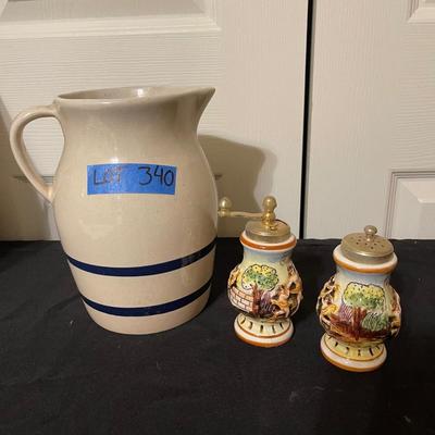 Roseville Pottery Pitcher and capodimonte s+p shakers