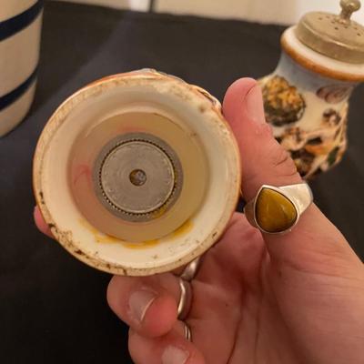 Roseville Pottery Pitcher and capodimonte s+p shakers