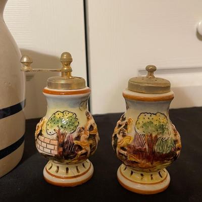 Roseville Pottery Pitcher and capodimonte s+p shakers
