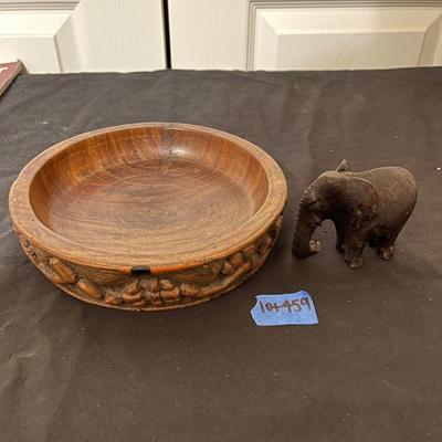 Antique carved bowl and elephant