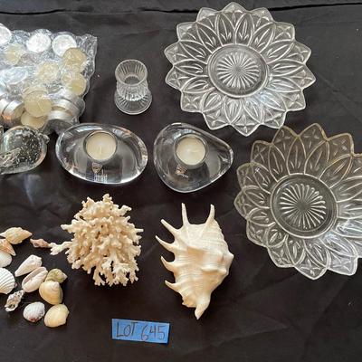 Vintage glassware, seashells and coral