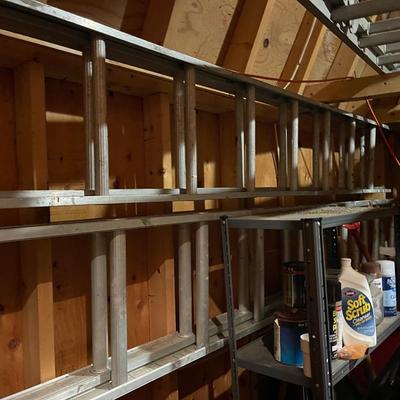 Huge wood board lot & (2) 24ft ladders 