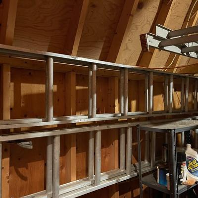 Huge wood board lot & (2) 24ft ladders 