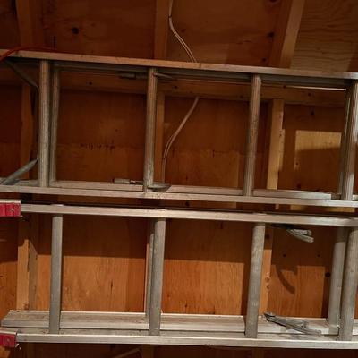 Huge wood board lot & (2) 24ft ladders 
