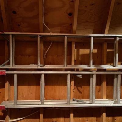 Huge wood board lot & (2) 24ft ladders 