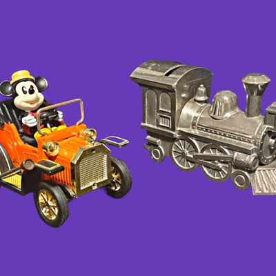 Vintage Mickey Mouse Toy Car & Silver Plate Train Bank