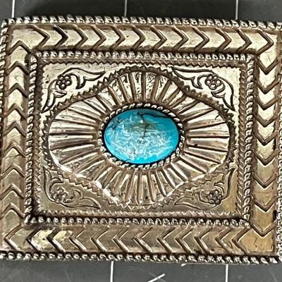 Faux Silver Metal and Turquoise Belt Buckle 