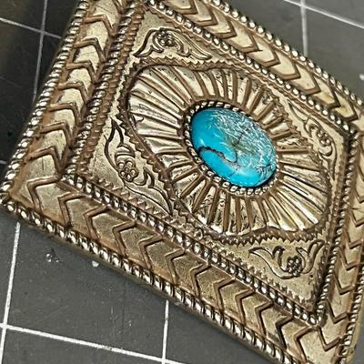 Faux Silver Metal and Turquoise Belt Buckle 