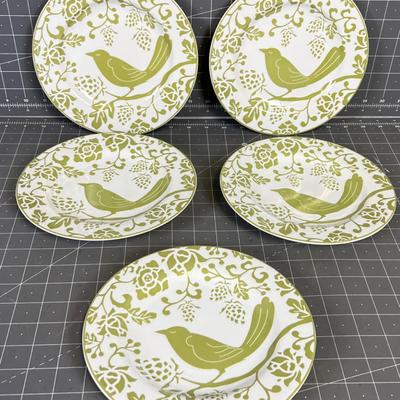 5 Green Bird Dessert Plates 