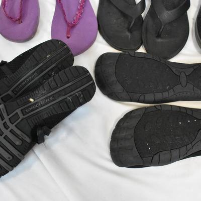 7 Pairs of Women's Footwear, Flip Flops, Water Shoes, Size 8-9