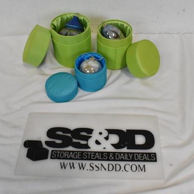 3 Glass Ornaments With Fabric Boxes