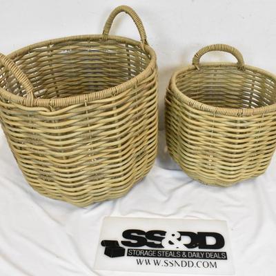 2 Large Woven Planters, 12" and 15", One Handle Missing