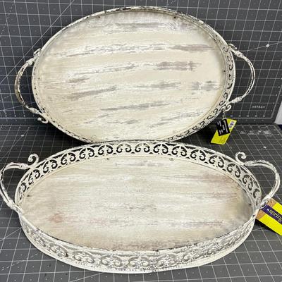 2 Oval Shabby Chic Trays with Handles 