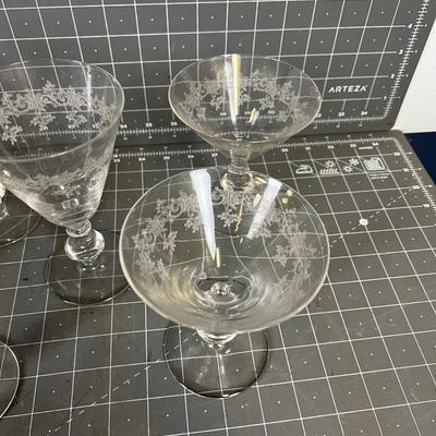 6 Water Goblets and 2 martini Glasses Etched NICE