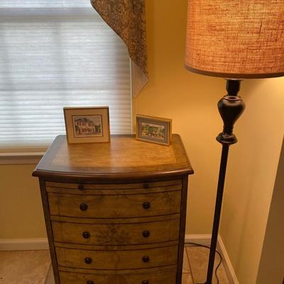 LOT C3: Signed Artwork of Charleston, SC, Shabby Chic Accent Side Chest of Drawers &  Floor Lamp