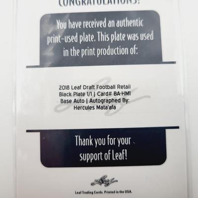 2018 LEAF DRAFT FOOTBALL RETAIL BLACK PLATE CARD #BA-HM1 AUTOGRAPHED BY HERCULES MATA'AFA