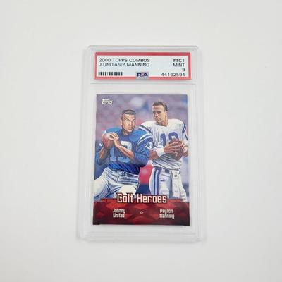 PSA 2000 TOPPS COMBOS - J. UNITAS / P. MANNING - MINT FOOTBALL CARD PROTECTED