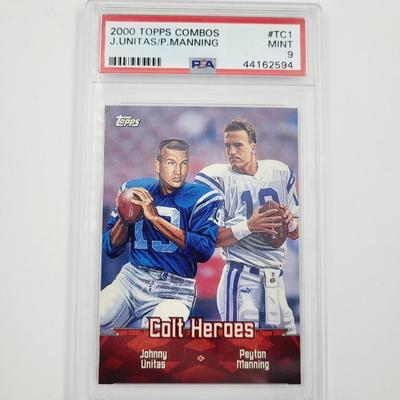 PSA 2000 TOPPS COMBOS - J. UNITAS / P. MANNING - MINT FOOTBALL CARD PROTECTED
