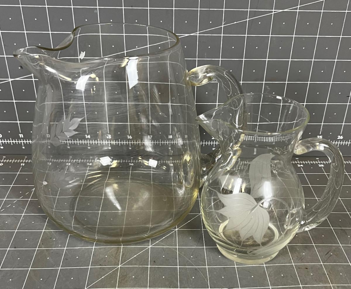 2 Etched Glass Pitchers