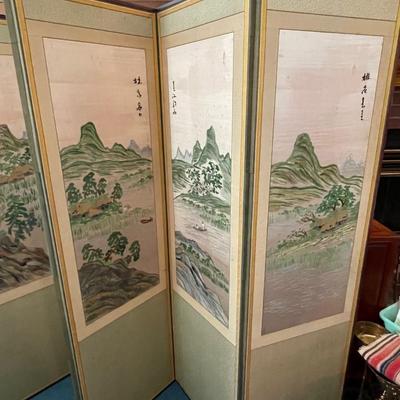 8 Panel privacy screen - Japanese prints - Textured fabric - Mahogany frame