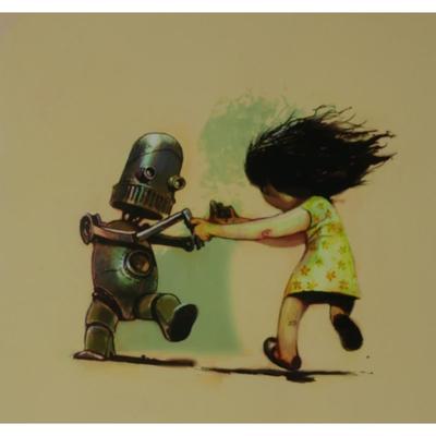 Playing Robot and Girl Signed Print 