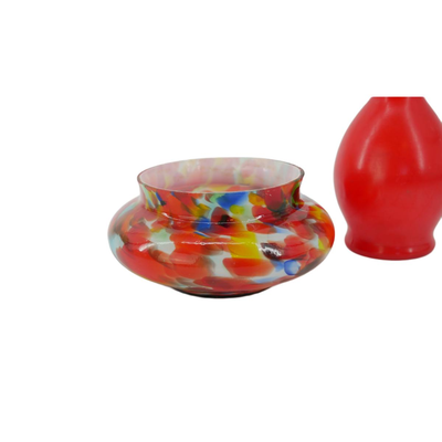 Multicolored Glass Bowl and Red Glass Vase