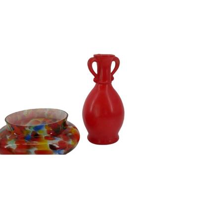 Multicolored Glass Bowl and Red Glass Vase