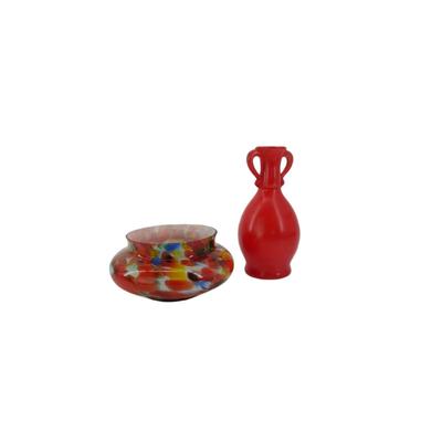 Multicolored Glass Bowl and Red Glass Vase