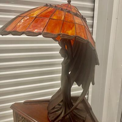 Beautiful Flying Lady Tiffany style table lamp. Solid bronze. 3 bulbs. 26” x 16”