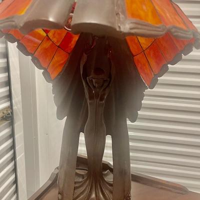 Beautiful Flying Lady Tiffany style table lamp. Solid bronze. 3 bulbs. 26” x 16”