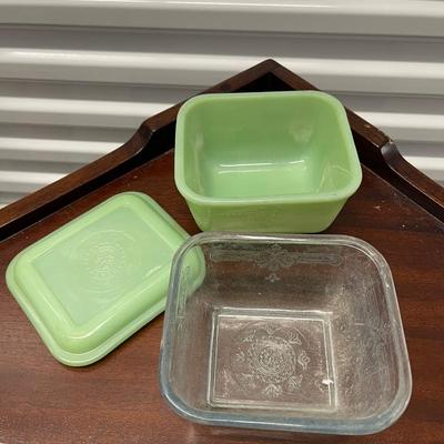Vtg jadeite glass containers. lids.  One has lid.