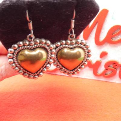 Mexico Silver & Gold Tone Dangle Heart Earrings