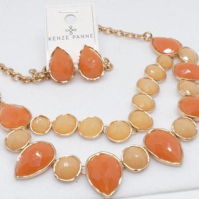 Kenze Panne Amber & Beige Colored Statement Necklace Set