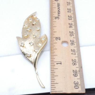 Gold Tone Rhinestone Leaf Pin