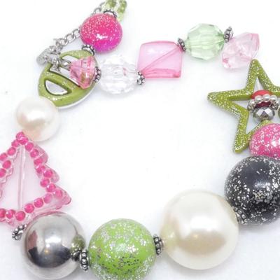 Lime Green & Pink Christmas Statement Necklace, Christmas Tree, Star, Glitter