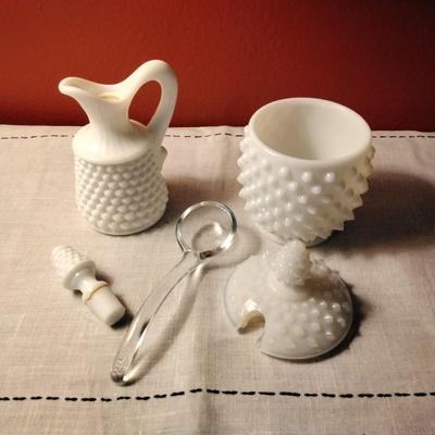 Vintage White Milk Glass Hobnail  Cruet and Milk Glass Hobnail Sugar Bowl with Glass Spoon