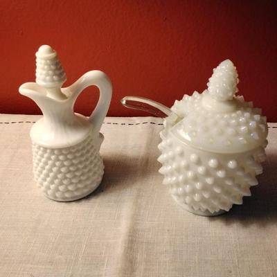Vintage White Milk Glass Hobnail  Cruet and Milk Glass Hobnail Sugar Bowl with Glass Spoon