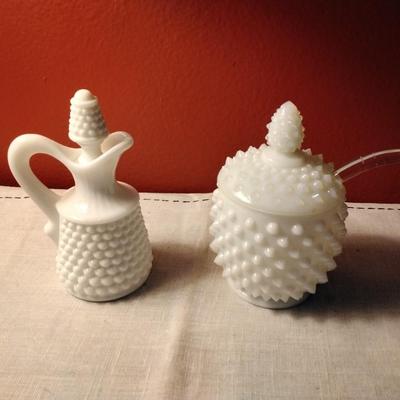 Vintage White Milk Glass Hobnail  Cruet and Milk Glass Hobnail Sugar Bowl with Glass Spoon