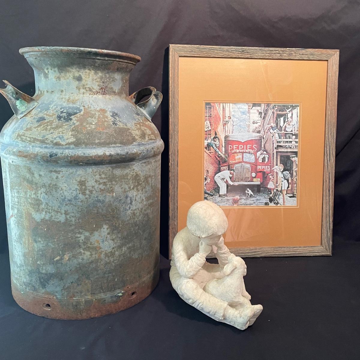Metal Milk Jug, Art Print, & Ceramic Figurine (KRG)