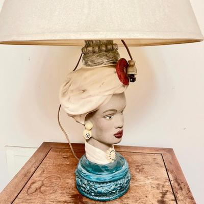 LOT 5 Vintage Ceramic Lady Head Table Lamp Turbin Linen Shade 29" tall