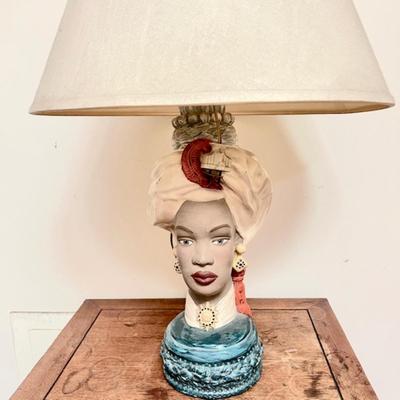 LOT 5 Vintage Ceramic Lady Head Table Lamp Turbin Linen Shade 29" tall
