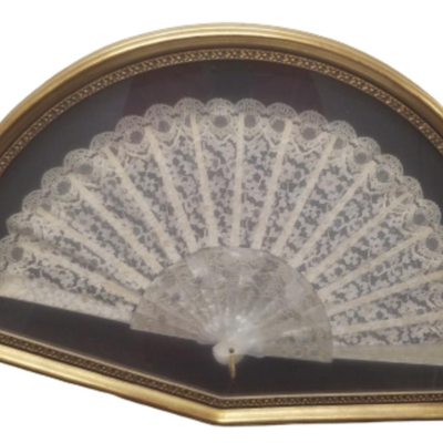 Victorian Chantilly Lace & Mother of Pearl Fan in Shadowbox