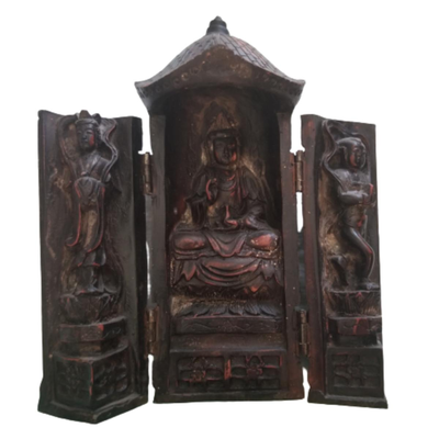 Chinese Buddist Travel Shrine - Triptych ~ Signed