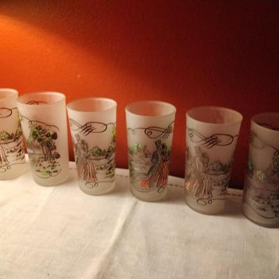 Vintage 1950s Currier & Ives Frosted Tall Tumbler Glass set of 6