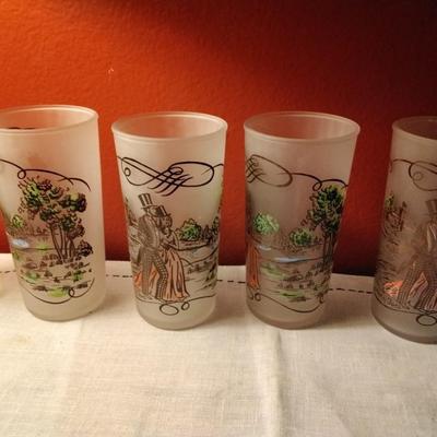Vintage 1950s Currier & Ives Frosted Tall Tumbler Glass set of 6